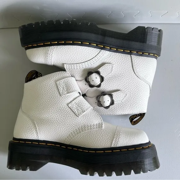 Dr. Martens White Leather Devon Flower Buckle Women's Platform Boot Size 9 #260