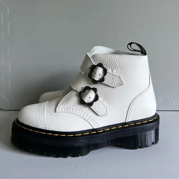 Dr. Martens White Leather Devon Flower Buckle Women's Platform Boot Size 9 #260