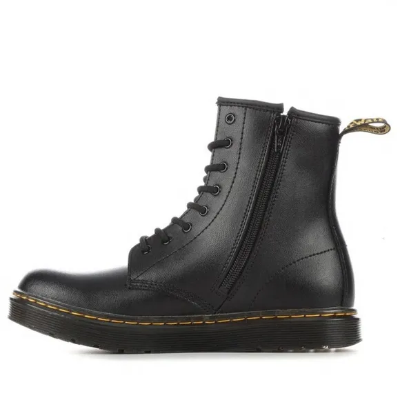 DR. MARTENS Zavala Jr. Leather Combat Boots- Excellent Pre-Owned, Black, Kid…