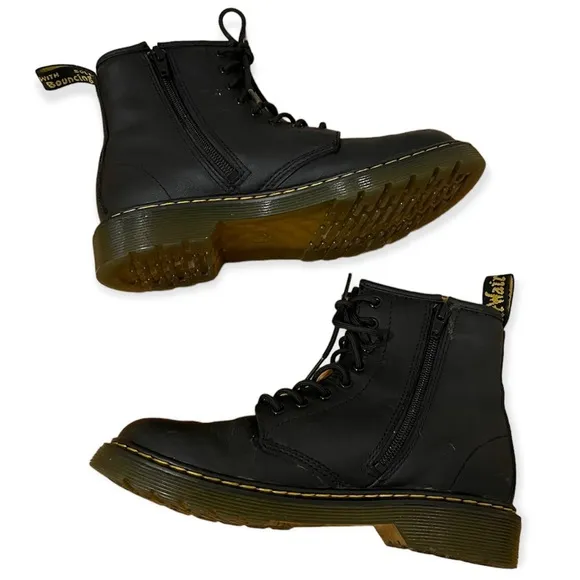 DR. MARTENS Zavala Jr. Leather Combat Boots- Excellent Pre-Owned, Black, Kid…