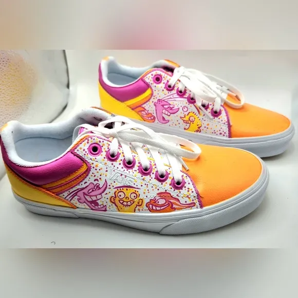 Ed Edd N Eddy - OOAK CUSTOM Orange/White &amp; Pink Vans Shoes (MENS SIZE 8.5) Eene