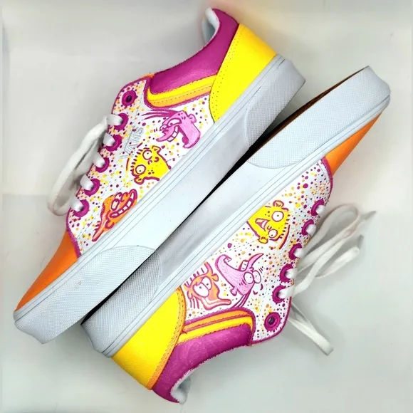 Ed Edd N Eddy - OOAK CUSTOM Orange/White &amp; Pink Vans Shoes (MENS SIZE 8.5) Eene