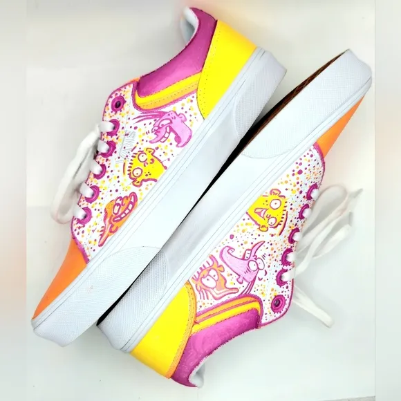 Ed Edd N Eddy - OOAK CUSTOM Orange/White &amp; Pink Vans Shoes (MENS SIZE 8.5) Eene