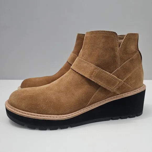 Eileen Fisher Cargo Ankle Boot Platform Wedge Savana Brown Suede Leather Size 10