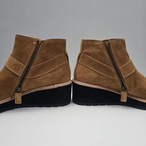 Eileen Fisher Cargo Ankle Boot Platform Wedge Savana Brown Suede Leather Size 10