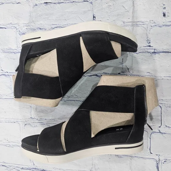 Eileen Fisher WOMENS SIZE 6 Tumbled Nubuck Leather Platform Black Sandals