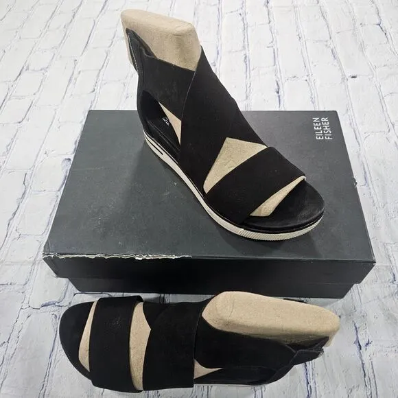 Eileen Fisher WOMENS SIZE 6 Tumbled Nubuck Leather Platform Black Sandals