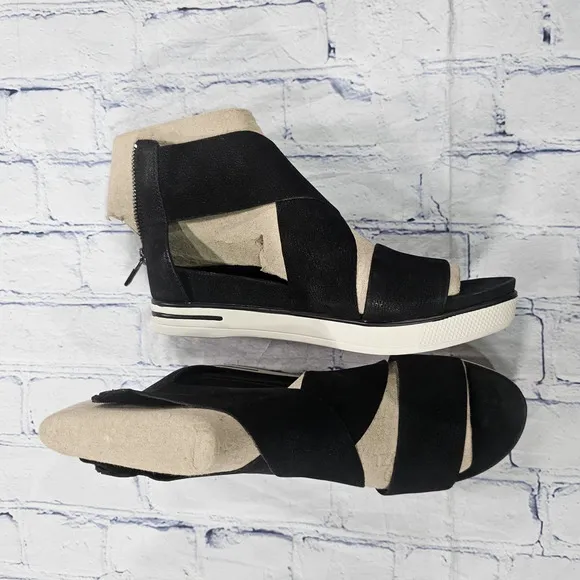 Eileen Fisher WOMENS SIZE 6 Tumbled Nubuck Leather Platform Black Sandals