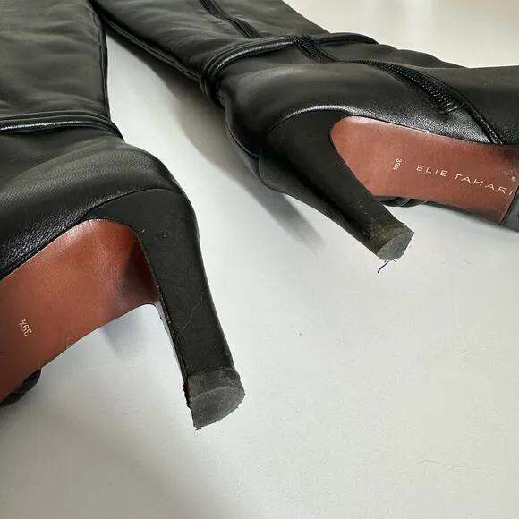 Elie Tahari Black Leather Thigh Tall Heeled Boots Size 39.5