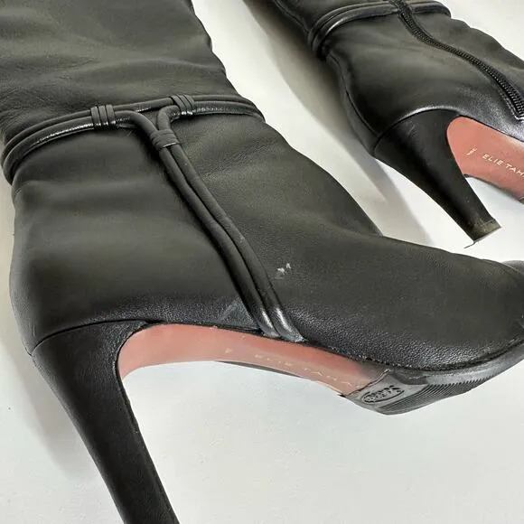Elie Tahari Black Leather Thigh Tall Heeled Boots Size 39.5