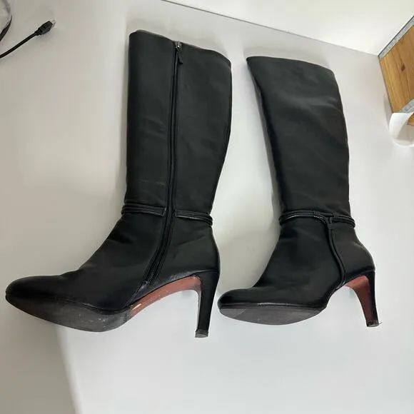 Elie Tahari Black Leather Thigh Tall Heeled Boots Size 39.5