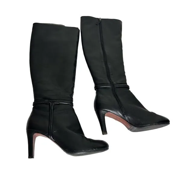 Elie Tahari Black Leather Thigh Tall Heeled Boots Size 39.5