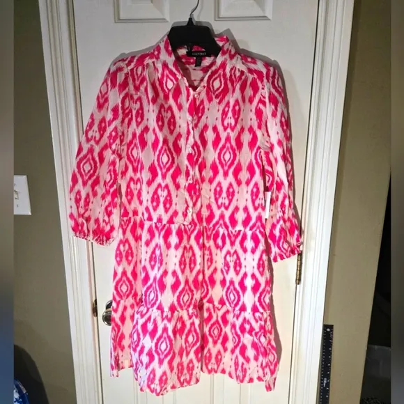 Ellen Tracy Shirt Dress $129 Fuscia Pink Boho Whimsical Button Down Preppy NEW