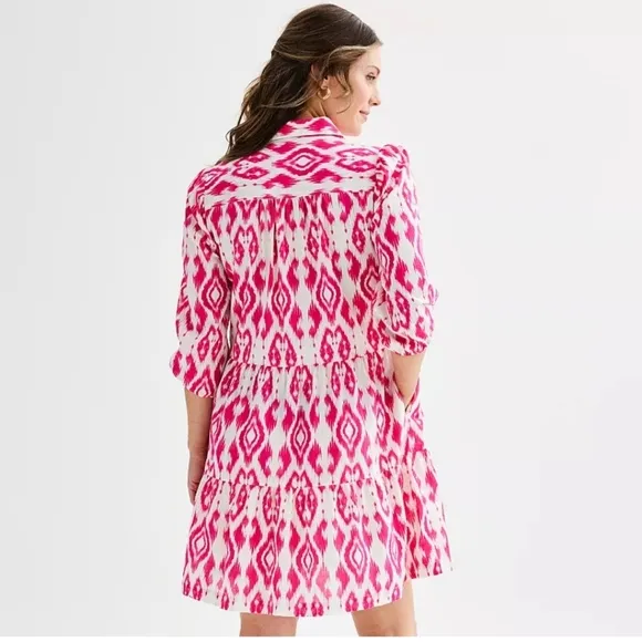 Ellen Tracy Shirt Dress $129 Fuscia Pink Boho Whimsical Button Down Preppy NEW