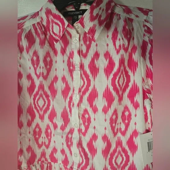 Ellen Tracy Shirt Dress $129 Fuscia Pink Boho Whimsical Button Down Preppy NEW