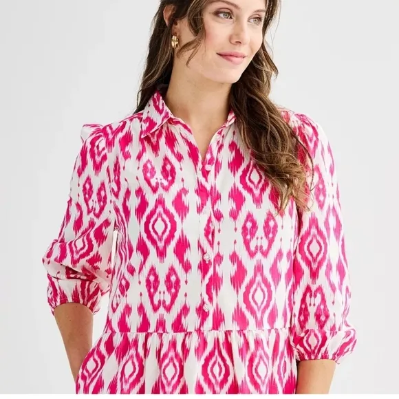 Ellen Tracy Shirt Dress $129 Fuscia Pink Boho Whimsical Button Down Preppy NEW