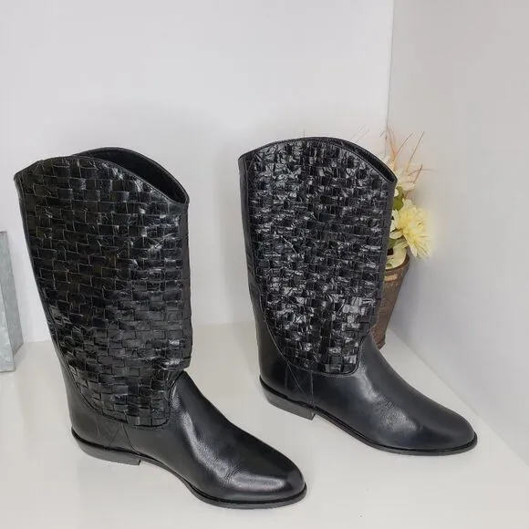 Enzo Angiolini Black Woven Leather Boots Size 6