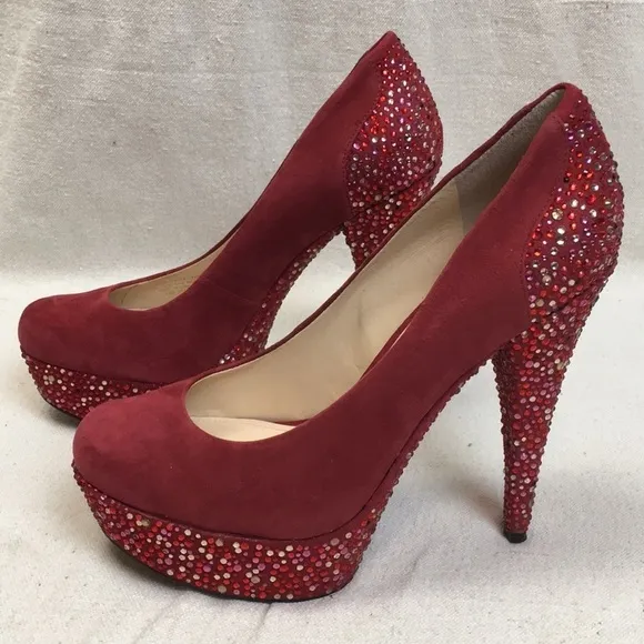 Enzo Angiolini red suede Rhinestone platform shoes