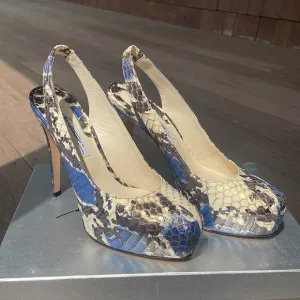EUC, Brian Atwood Blue and Cream Python Women's Heels- size 39
