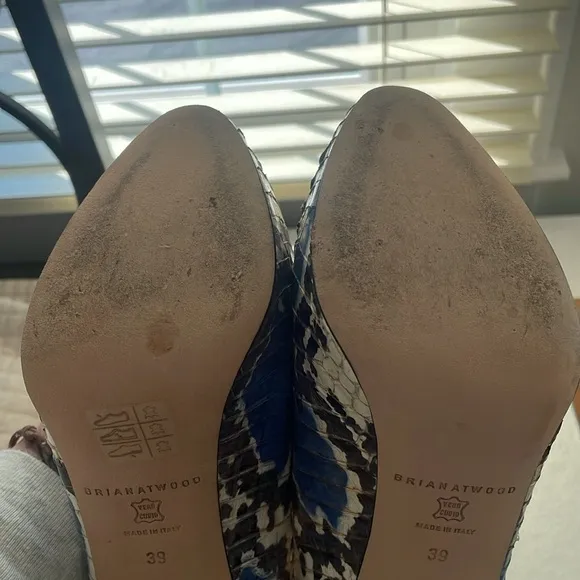 EUC, Brian Atwood Blue and Cream Python Women's Heels- size 39