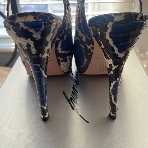 EUC, Brian Atwood Blue and Cream Python Women's Heels- size 39