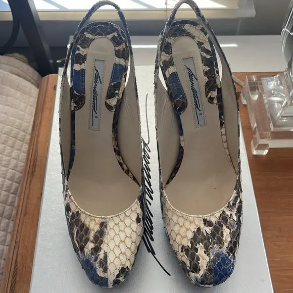EUC, Brian Atwood Blue and Cream Python Women's Heels- size 39