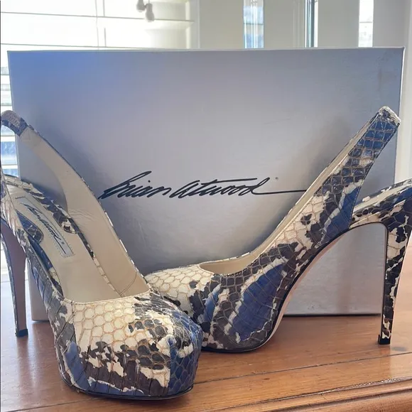 EUC, Brian Atwood Blue and Cream Python Women's Heels- size 39