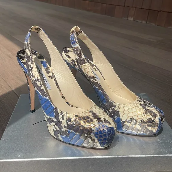 EUC, Brian Atwood Blue and Cream Python Women's Heels- size 39