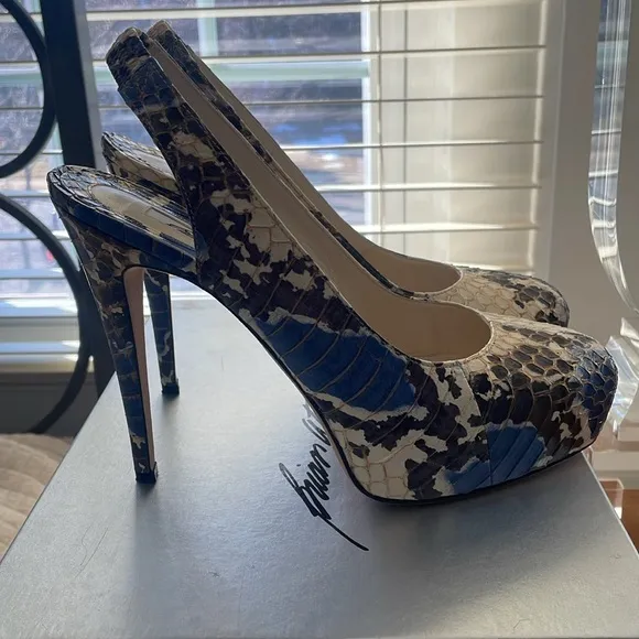 EUC, Brian Atwood Blue and Cream Python Women's Heels- size 39