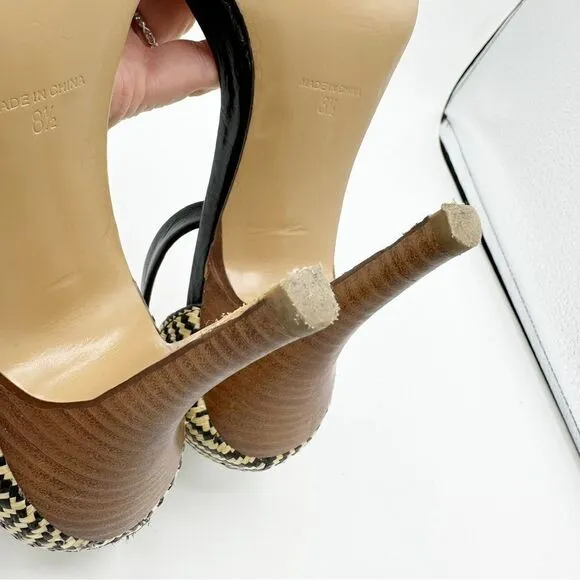 EUC Madewell Marcel Black Leather Sandals w/Woven Raffia Heels Sz 8.5