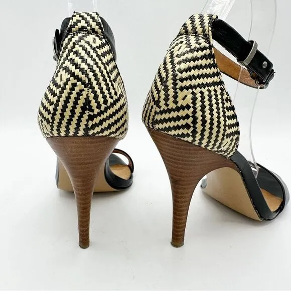EUC Madewell Marcel Black Leather Sandals w/Woven Raffia Heels Sz 8.5
