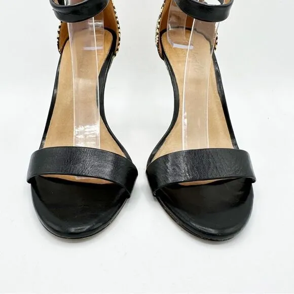 EUC Madewell Marcel Black Leather Sandals w/Woven Raffia Heels Sz 8.5