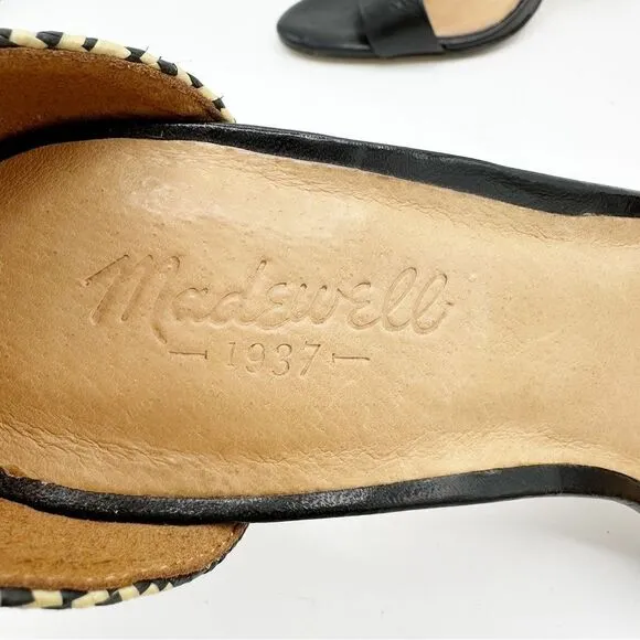 EUC Madewell Marcel Black Leather Sandals w/Woven Raffia Heels Sz 8.5