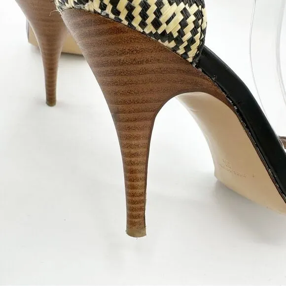 EUC Madewell Marcel Black Leather Sandals w/Woven Raffia Heels Sz 8.5