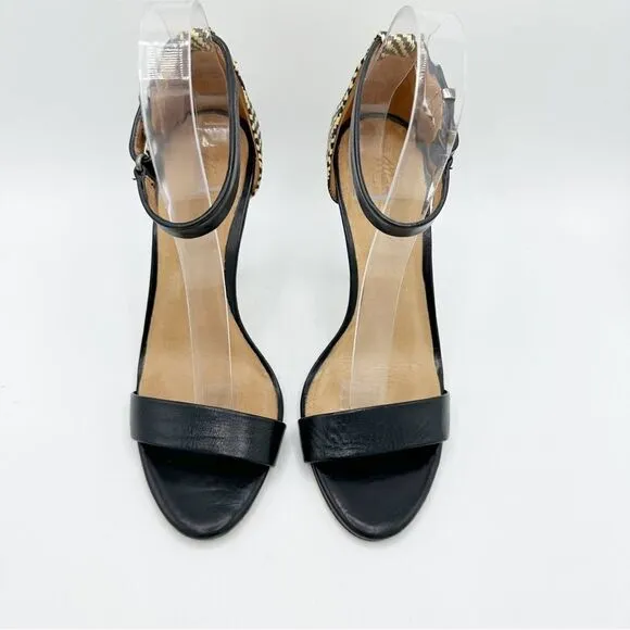 EUC Madewell Marcel Black Leather Sandals w/Woven Raffia Heels Sz 8.5