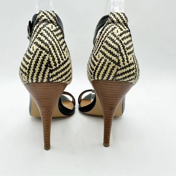 EUC Madewell Marcel Black Leather Sandals w/Woven Raffia Heels Sz 8.5