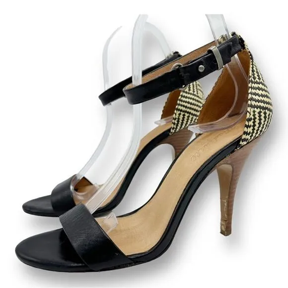 EUC Madewell Marcel Black Leather Sandals w/Woven Raffia Heels Sz 8.5