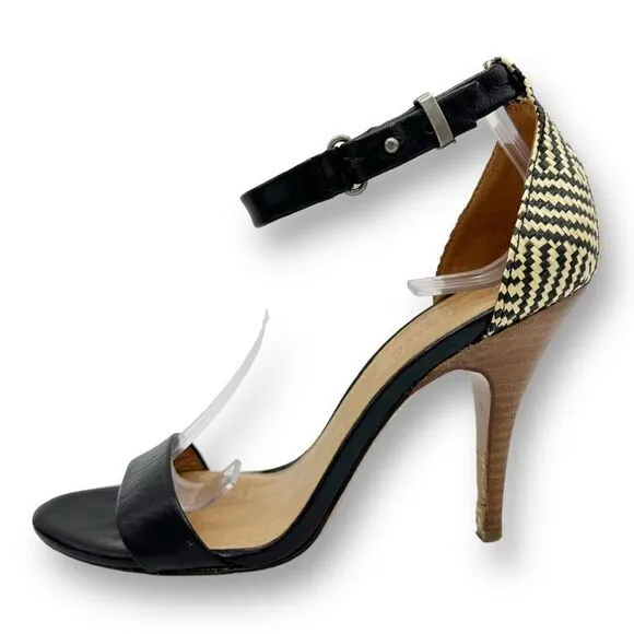 EUC Madewell Marcel Black Leather Sandals w/Woven Raffia Heels Sz 8.5