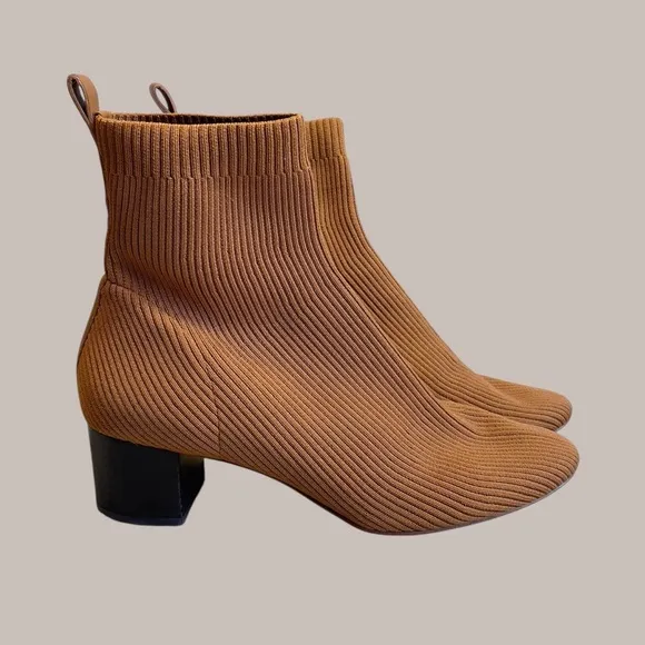 Everlane The Glove Ribbed Knit Toffee Ankle Stretch Block Heel Boots Size 10