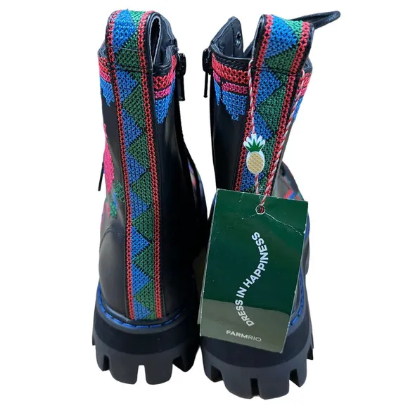 Farm Rio Black Mid Boots Heart Stitched Lace Up Women's Size 8 New Without Box