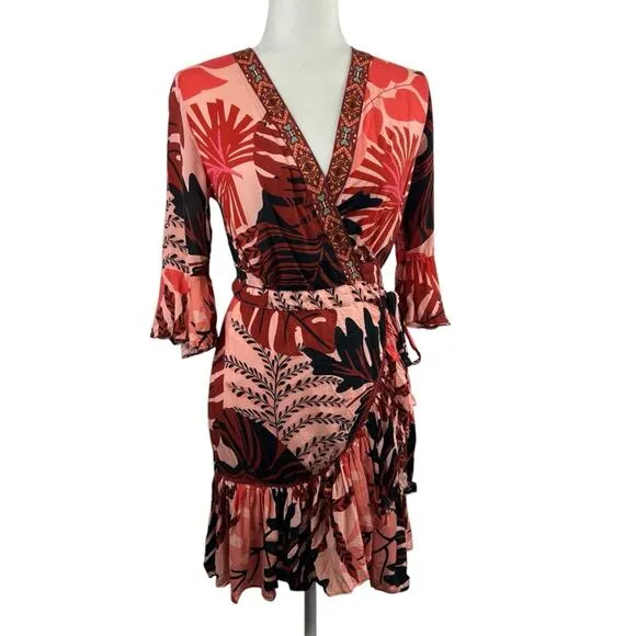 Farm Rio For Anthropologie Bruxelles Wrap Mini Dress XS Floral Tropical Boho