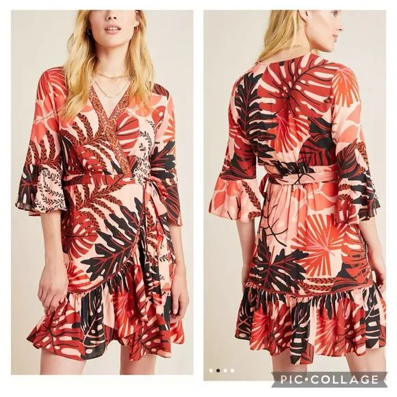 Farm Rio For Anthropologie Bruxelles Wrap Mini Dress XS Floral Tropical Boho