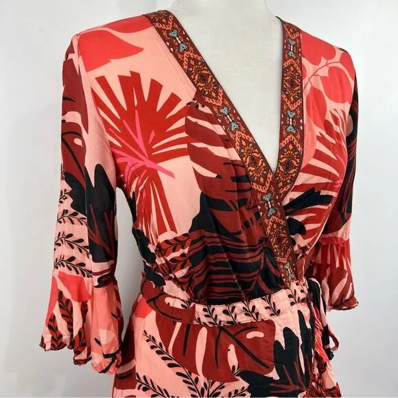 Farm Rio For Anthropologie Bruxelles Wrap Mini Dress XS Floral Tropical Boho