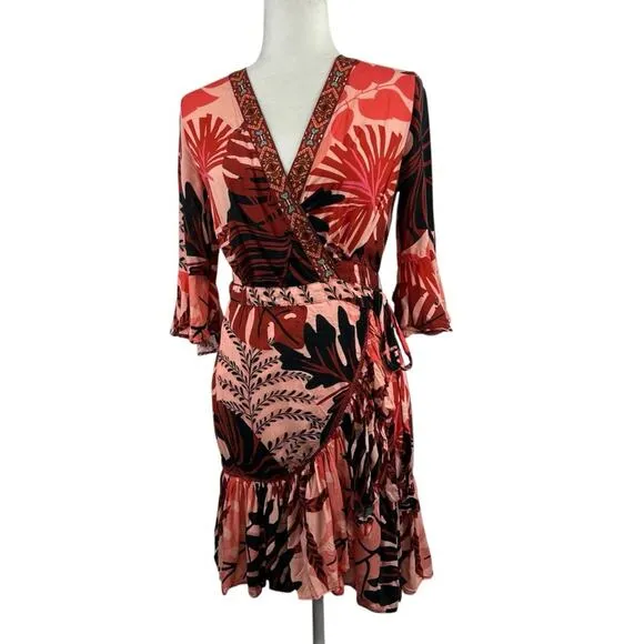 Farm Rio For Anthropologie Bruxelles Wrap Mini Dress XS Floral Tropical Boho
