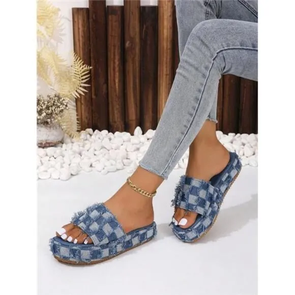 Fashionable Plaid Patterned Fringe Wedge Heel Sandals With Thick Platform Sole