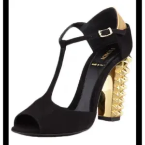Fendi Black T-Strap Heels with Gold Studded Heel