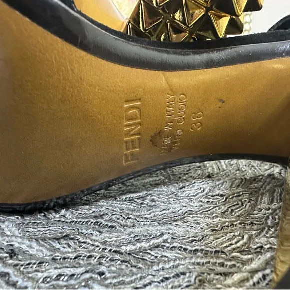 Fendi Black T-Strap Heels with Gold Studded Heel