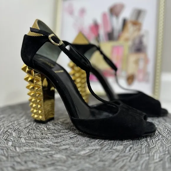 Fendi Black T-Strap Heels with Gold Studded Heel