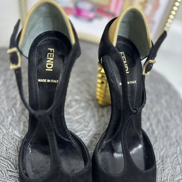 Fendi Black T-Strap Heels with Gold Studded Heel
