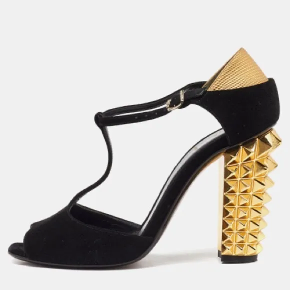 Fendi Black T-Strap Heels with Gold Studded Heel
